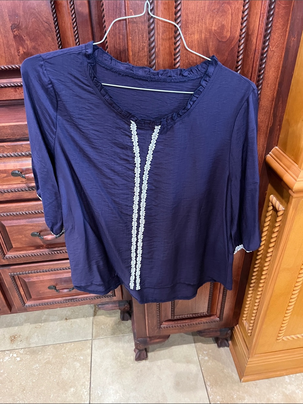 SHEIN Navy Blue Blouse with White Lace Trim